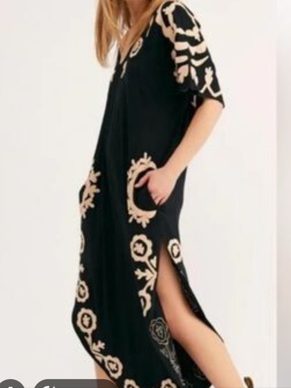 Free People Black Midi Dress with Beige Floral Embroidery